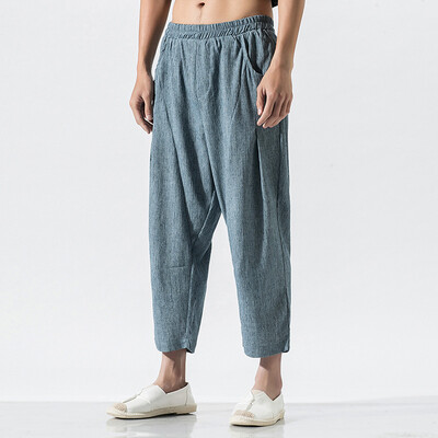 

Gobestart Mens Casual Vintage Loose Cotton Linen Pure Color Comfort Calf-Length Pant