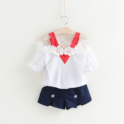 

Baby Girl Clothing Set White Flower Shoulder Strapless T-shirt Pentagram Blue Shorts Set Casual Sweet Princess Girl Set
