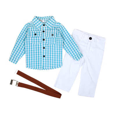 

New Style Baby Boys Fashion Clothes Set Kids Plaid Pattern Long Sleeves Tops Long Pants Belt 3Pcs Set