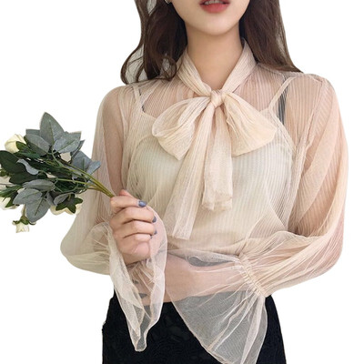 

Women Sexy See Through Mesh Shirt Autumn Long Sleeve Bow Tie Korean Sweet Female White Elegant Perspective Blouses