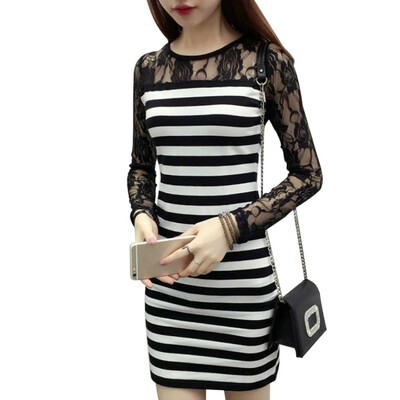 

Women Dress Sexy Bodycon Hollow Out Mini Dress Lace striped patchwork spring autumn full sleeve Dress black Party Vestidos