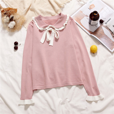 

Women Sweater Turn-Down Collar Bow Sweet Sweater Long Sleeve Autumn Knitted Pullovers Korean Fashion Kawaii Female Tops