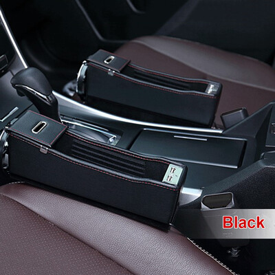 

Black Leather Car Left Seat Crevice Storage Box Cup Holder With Dual USB Charge