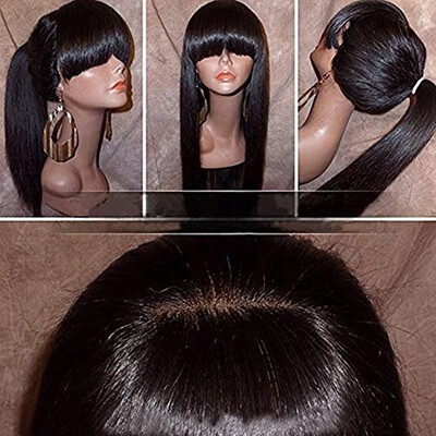 

Silky Straight Lace Front Wig with Full Bangs Ponytail Brazilian Virgin Human Hair Lace Front Wigs for Women Natural Color