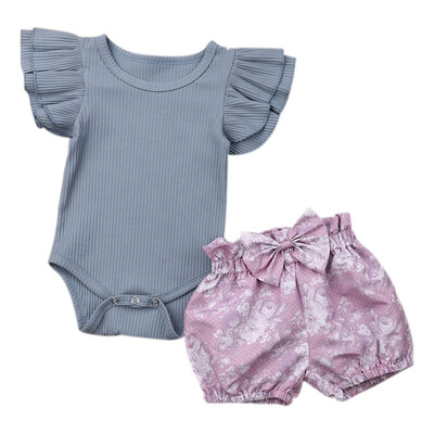 

Newborn Baby Girl Clothes Set Ruffled Sleeve Solid Color Tee Jumpsuit Floral Print Bowtie Short Set unicorn romper clothes set
