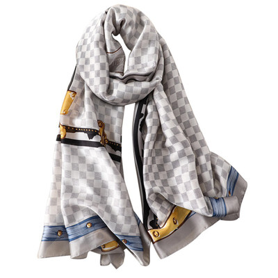 

Scarf Female Korean Fashion Plaid Long Shawl Dual-use Winter Warm Print Leather Buckle Collar Gray Powder Curling 175cm
