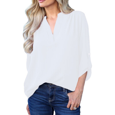 

Women Blouse Long Sleeve Sexy V Neck Autumn Office Lady Chiffon Irregular Shirt Black White Red Female Blouses Plus Size Tops