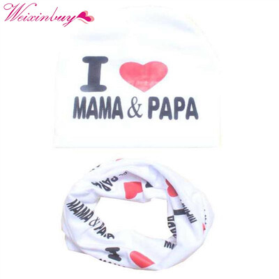 

Baby Hat Set I Love Mama Papa Print Cotton Cap Winter Hats Newborn Children Scarf Collar Boys Beanie Kids Cap