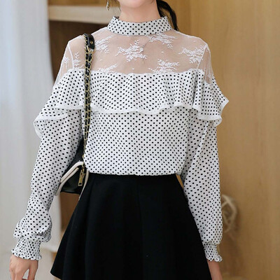 

Tailored Womens Polka Dot Printed Long Sleeve Chiffon Lace Hollow Out Chiffon Blouse