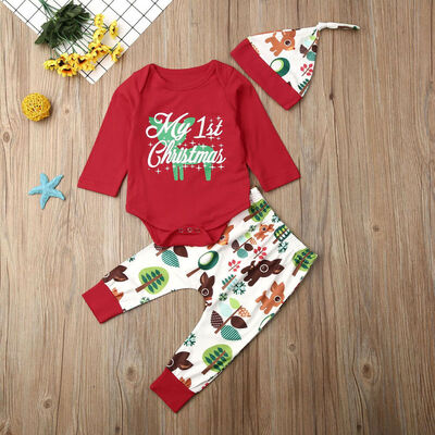 

My First Christmas Baby Boy Girl Romper TopsPantsHat Clothes Outfits 0-24M