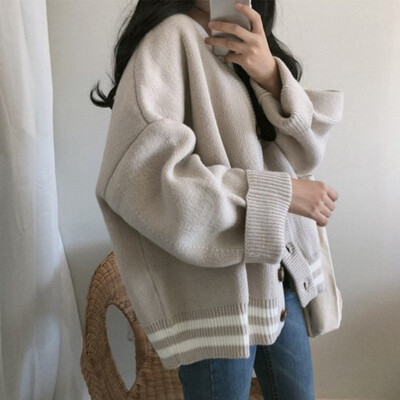 

Women Long Sleeve Single Breasted Sweater Fashion Loose Cardigans Sweaters Striped Female V-Neck Tops