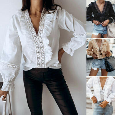 

UK Fashion Women Sexy Lace Ruffle V-Neck Long Lantern Sleeve Blouse T Shirt Tops