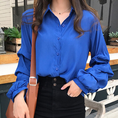 

ROPALIA Spring Summer Turn Down Collar Blouses Casual Solid Womens Puff Long Sleeve Shirt Spring Loose Blusa Tops Femme