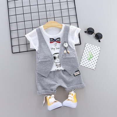 

Summer Boy Clothes Set Vest Fake Two-Piece Short Sleeve t-Shirt Round Collar Casual T-shirt Solid Color Pants Cartoon T-shirt