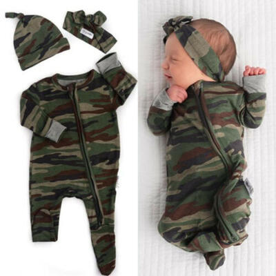 

UK Newborn Baby Boy Girl Winter Clothes Camo Zipper Romper BodysuitHeadbandHat