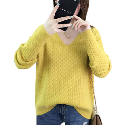 

Autumn Winter Korean Style Loose V-neck Sweater Women Fashion Trend Solid Color Sweet Knit Pullover