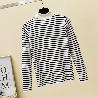 

Women Sweater Highly Stretch Stripes Ribbed High Neck Ruffle Long Sleeve Slim Autumn Winter Warm Vintage Tops
