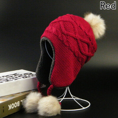 

Women Kids Earflap Ear Flap Wool Knit Beanie Ski Hat Cap With Ball Winter Warm