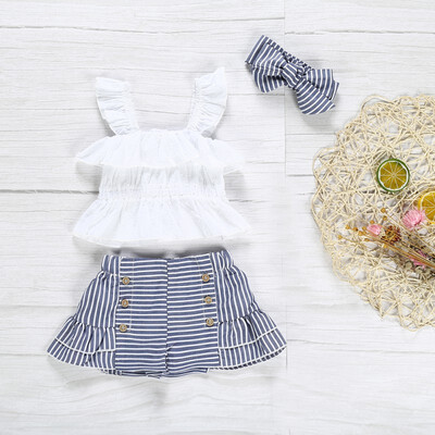 

New Summer Kids Baby Girl Outfits Set Sleeveless Ruffle Design Top T-shirtStriped PP ShortsHeadband 3 Pcs Infant Clothes