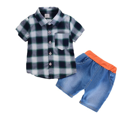 

summer Baby Boys Clothes Plaid Short Sleeve Shirt Denim Shorts Two-Piece Set