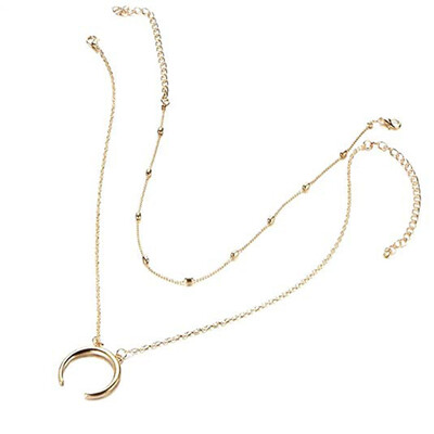 

Women Long Multi Layers Copper Beads Crescent Pendants Alloy Golden Chain Choker Necklaces