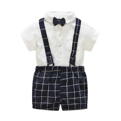 

Cotton 1-4T Plaid Gentleman style Summer Casual Baby Boy Set Short Sleeve Plaid Suspender Pants Kit Kids Toddler Overalls