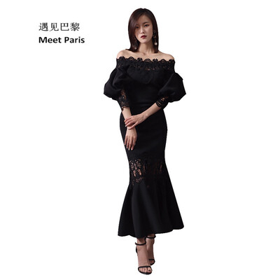 

Vintage Lady Sexy Off Shoulder Puff Sleeve Back Lace Mermaid Dress