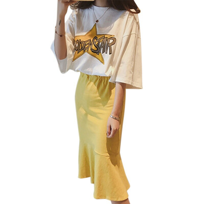 

Womens Sets Two Piece Sets Plus High Waist Wide Ruffles Trim Pencil Skirts Printed T-shirt Half Sleeve Casual Womens Sets