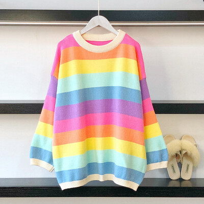 

Oversize Rainbow Womens Sweater Casual Plus Size Multicolor Knitted Autumn Winter Korean Kawaii Pullover Striped Female Knitwear
