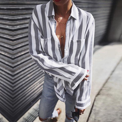 

ROPALIA Women Lapel Single-Breasted Striped Long Sleeve Shirts Casual Stitching Pockets Loose Blouse Turn-down Collar Shirt