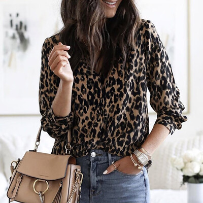 

Tailored Women Casual Long Sleeve Leopard Print Button Notched Blouse Top