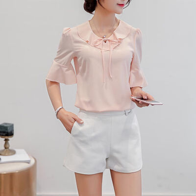 

Elegant Chiffon Womens Blouse O Neck Flare Sleeve Ruffle Shirts Sweet Loose Tops