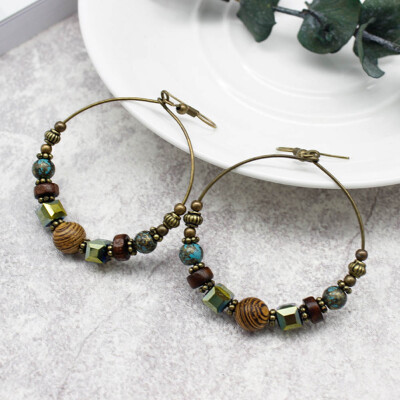 

Retro Women Vintage Alloy Earrings Wooden Crystal Beads Bronze Plated Round Bohemian Pierced Earrings Hanging for Women