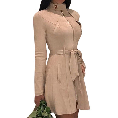 

2019 Autumn Winter Women Fashion Casual Suede Standing collar Long sleeve Zipper Slim fit Windbreaker Coat