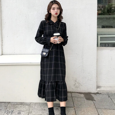 

autumn dress long sleeve Bow tie maxi dress plaid Winter Pleated Elegant sweet basic college style Vestido de mujer