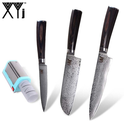 

XYj Quality Damascus Knife 3 PCS Kitchen Knife Damascus Steel KnifeBlue Electric Knife Sharpener