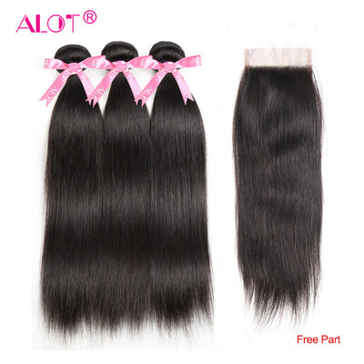 

Alot Hair Peruvian Straight Human Hair Bundles With Lace Closure MiddleFree Three Part Natural Black 3 Bundles Hair & Closure