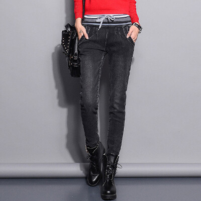 

City Plus CITYPLUS 2017 Winter New Women's Artistic Elastic Band with Harlan Pants Gundam Plus Thickening Jeans CWKN179451 Black Gray 30