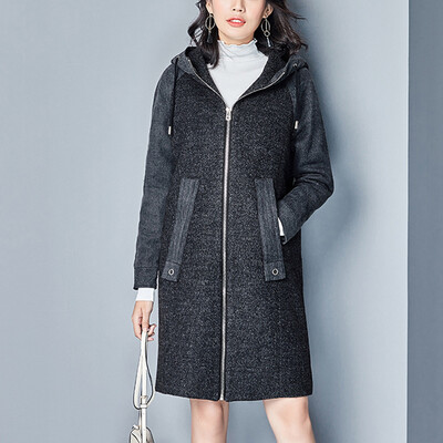 

City plus CITYPLUS 2017 winter new art women stitching hooded woolen coat wild long long sleeves woolen coat CWDY179753 gray L