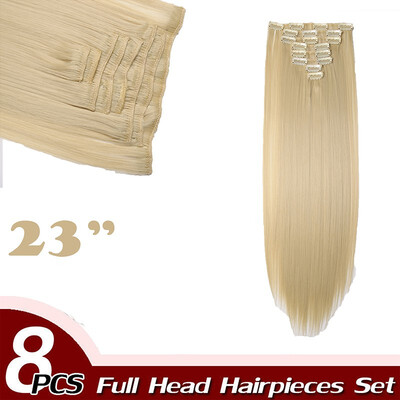 

17" Straight 8 Pcs Full Head Clip in Hair Extensions Synthetic 8 Piece 18 Clips Hairpiece Long Straight for Women
