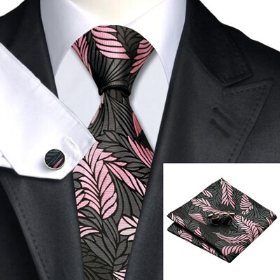 

N-0220 Vogue Men Silk Tie Set Gray Floral Necktie Handkerchief Cufflinks Set Ties For Men Formal Wedding Business wholesale
