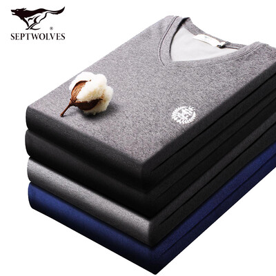 

Seven wolves thermal underwear men plus velvet thick set invisible V-neck mens autumn&winter velvet Qiuyi Qiuku set 99295 light gray M