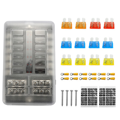 

32V Plastics Cover Fuse Box Holder M5 Stud With LED Indicator Light 12 Ways Blade for Auto Car Boat Marine Trike