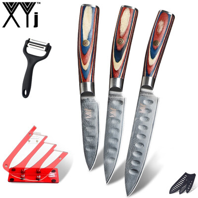 

XYj Cooking Damascus 3pcs Knives Set Red Knife Holder Peeler Slicing Utility Paring Knives
