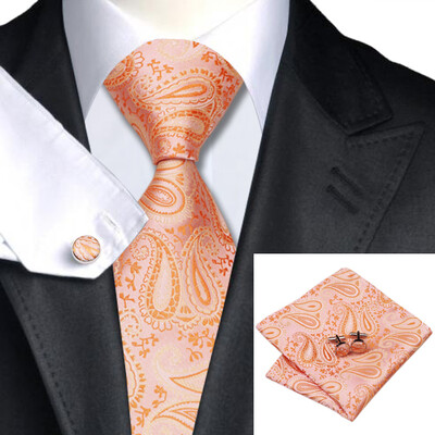 

N-0586 Vogue Men Silk Tie Set Orange Paisley Necktie Handkerchief Cufflinks Set Ties For Men Formal Wedding Business wholesale