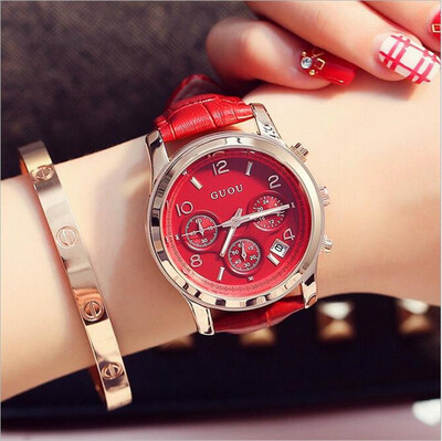 

GUOU Brand Watches Women Genuine Leather Watch Ladies Waterproof Watch Luxury Calendar Wristwatch Clock