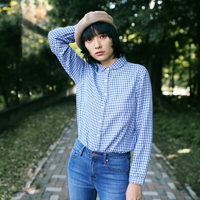 

And pure Raincun S6106 plaid shirt female straight loose loose casual classic long-sleeved shirt black  S6106H0M