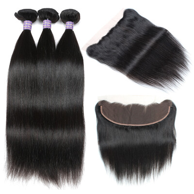

Malaysian 7A Virgin Straight Hair 3Pcs With Frontal Closure Allove Hair 100 Unprocessed Human Hair Bundles Naturl Black Color