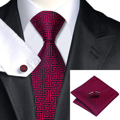 

N-0554 Vogue Men Silk Tie Set Red Novelty Necktie Handkerchief Cufflinks Set Ties For Men Formal Wedding Business wholesale