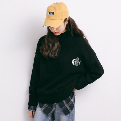 

City plus CITYPLUS 2017 winter new style women women wild wild cat embroidery pattern sweater half-high collar wide sweater CWYC179550 black uniform